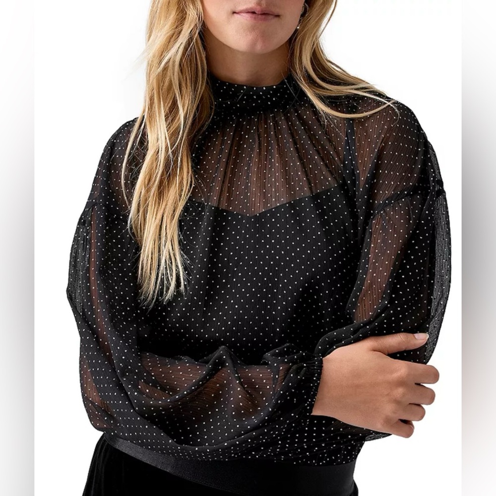 New Sanctuary Sheer Volume Metallic Polka Dot Blouse In Black/Silver Size XS